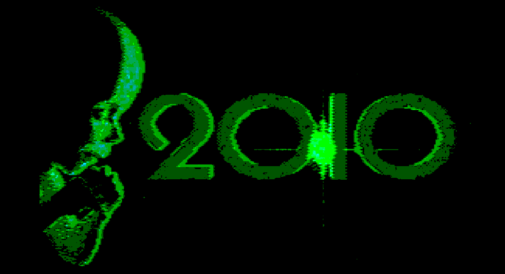 this image depicts a heavily edited image of the starchild and the title image for a video game based on the movie 2010: the year we make contact. It is pixellated and neon green.